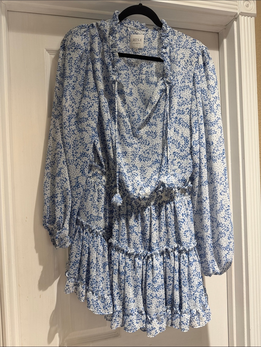 Misa Los Angeles White and Blue Floral Ruffle Mini Dress